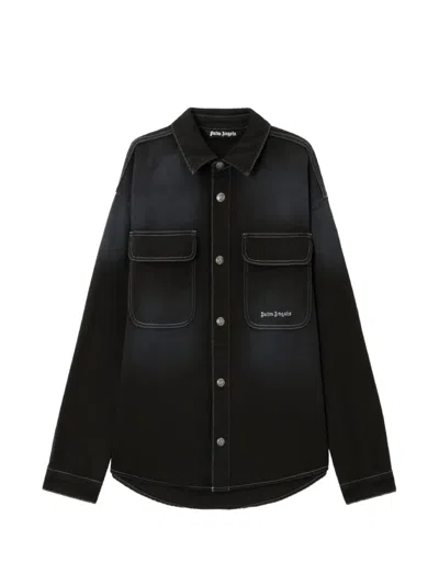 Palm Angels Denim Shirt Long Sleeves Chest Pockets Stitching In Black
