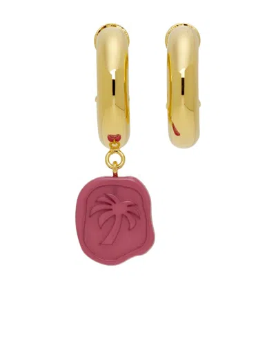 Palm Angels Stamp Oval Mismatched Earrings In Gold Fuchsia