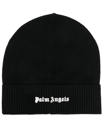 Palm Angels Logo-embroidered Cotton Beanie In Black