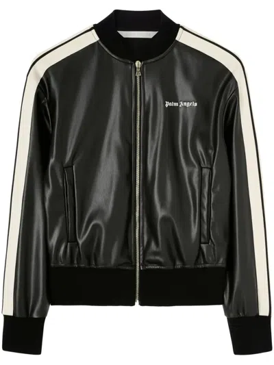 Palm Angels Logo Leather Effetc Track Bomber Jacket In Black