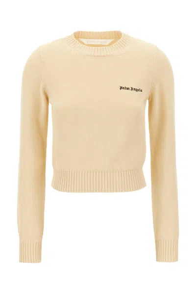 Palm Angels Logo Embroidered Crewneck Knitted Jumper In Off White