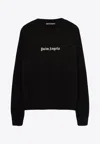 Palm Angels Black Cotton Crew Neck Sweatshirt With White Logo In Black