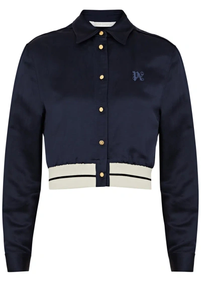 Palm Angels Logo-embroidered Cropped Satin Shirt In Navy