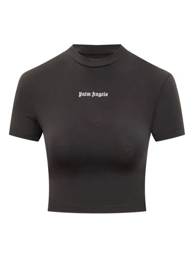 Palm Angels Logo-embroidered Cropped T-shirt In Black
