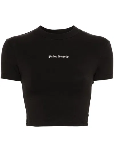 Palm Angels Logo-embroidered Cropped T-shirt In Black Off White