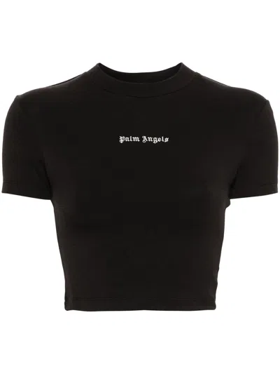 Palm Angels Logo-embroidered Cropped T-shirt In Black