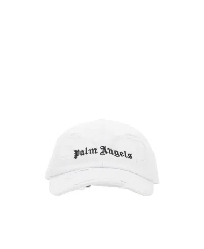 Palm Angels Logo-embroidered Distressed-effect Cap In White