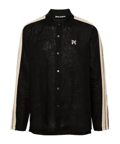 Palm Angels Logo-embroidered Linen Shirt In Black