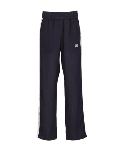 Palm Angels Logo-embroidered Linen Trousers In Black
