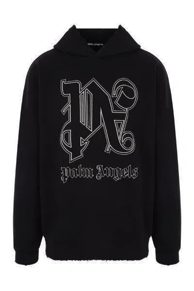 Palm Angels Logo Embroidered Long Sleeved Hoodie In Black