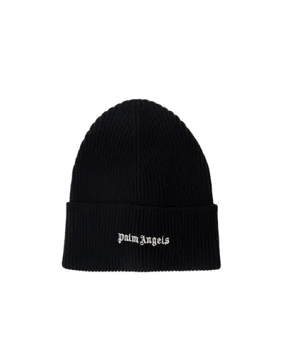 Palm Angels Logo Embroidered Ribbed-knit Beanie In Black