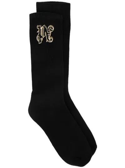Palm Angels Logo-embroidered Ribbed Socks In Black