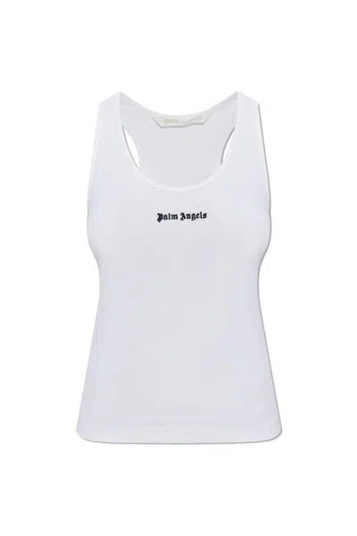Palm Angels White Logo-embroidered Ribbed Tank Top In Neutral