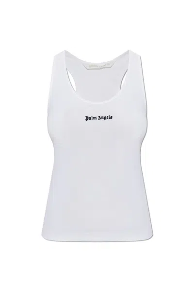 Palm Angels White Logo-embroidered Ribbed Tank Top In Neutral