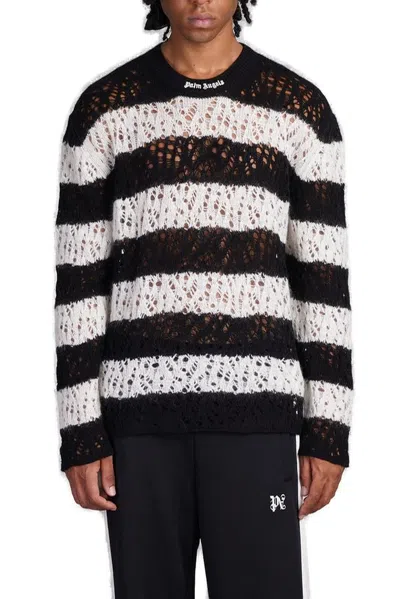 Palm Angels Logo Embroidered Striped Open Knitted Jumper In Black