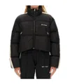 Palm Angels Striped Webbing-trimmed Padded Shell Down Jacket In Black