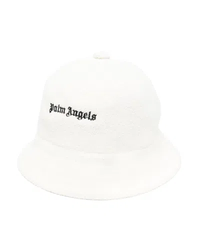 Palm Angels Logo-embroidered Bouclé Bucket Hat In White