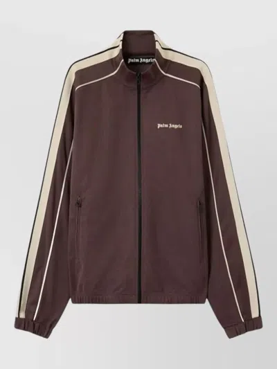 Palm Angels Logo High Collar Silk Nylon Jacket In Brown
