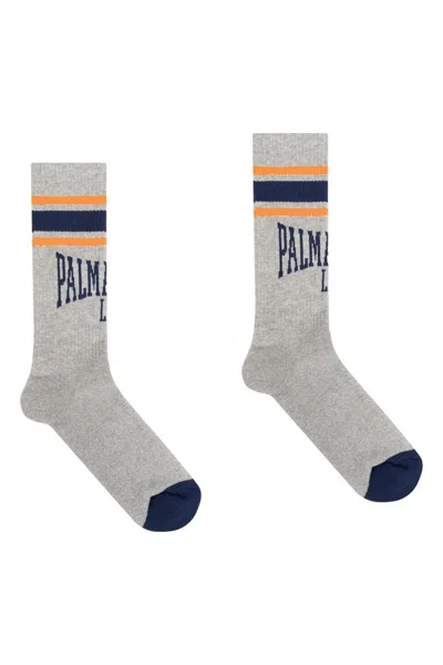 Palm Angels Logo-jacquard Socks In Melange Grey Petrol