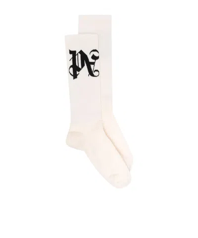 Palm Angels Logo Intarsia Socks In White