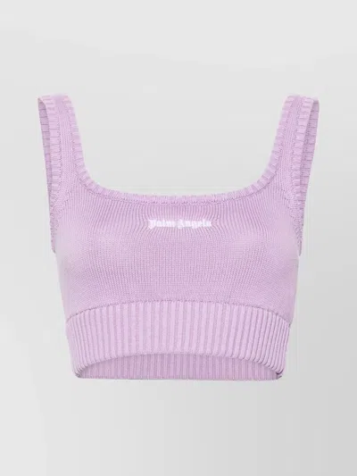 Palm Angels Logo Knitted Crop Top Square Neckline In Purple