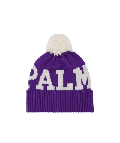 Palm Angels Logo Knitted Pompom Beanie In Purple