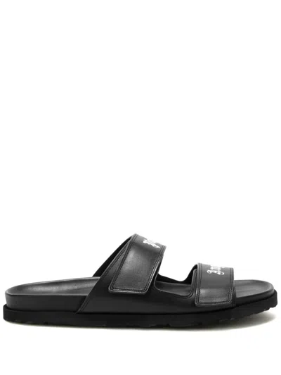 Palm Angels Leather Slides With Logo In Black