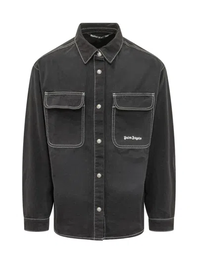 Palm Angels Logo Loose Denim Shirt In Black Off White