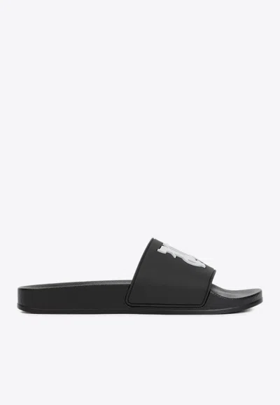 Palm Angels Logo Monogram Pool Slides In Black