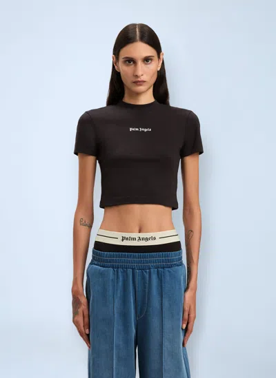 Palm Angels Cropped Black And White Logo T-shirt In Brown