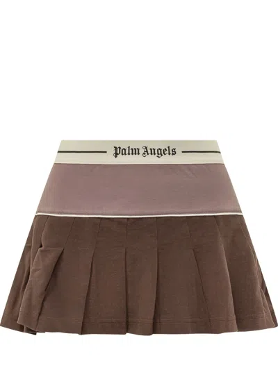 Palm Angels Logo Pleated Skirt In Brown-mauve