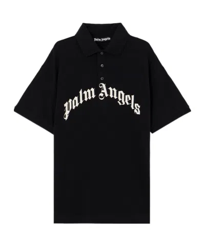 Palm Angels Curved Logo Embroidered Polo Shirt In Black
