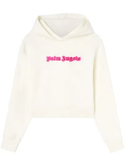 Palm Angels Branded Ribbed-trims Cotton-jersey Hoody In Cream