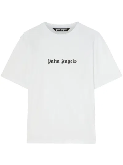 Palm Angels White Logo Print T-shirt In Gray