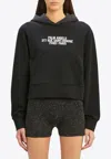 Palm Angels Cropped Black Pullover Hoodie With Front Kangaroo Pocket In Black