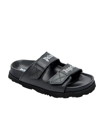 Palm Angels Logo-print Leather Slides In Black