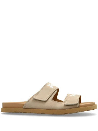 Palm Angels Logo-print Leather Slides In Beige