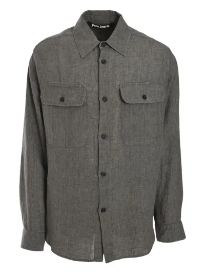 Palm Angels Logo-print Linen Overshirt In Green
