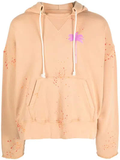 Palm Angels Logo-print Paint-splatter Cotton Hoodie In Neutrals