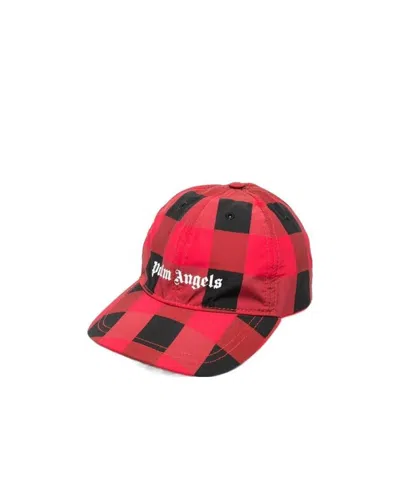 Palm Angels Logo-print Plaid Cap In Red