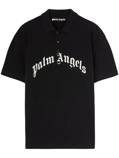 Palm Angels Curved Logo Embroidered Polo Shirt In Black