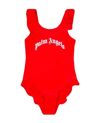 Palm Angels Logo-print Ruffle-cuff Swimsuit In Red