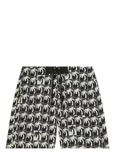 Palm Angels Logo Printed Drawstring Swim Shorts In Black