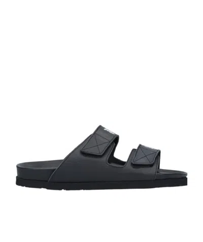 Palm Angels Leather Slides With Logo In Black