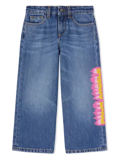 Palm Angels Kids' Logo-print Wide-leg Jeans In Blue