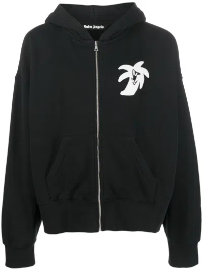 Palm Angels Logo-print Zip-up Hoodie In Black