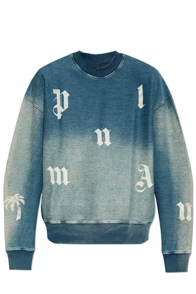 Palm Angels Logo Printed Crewneck Sweatshirt In Azzurro