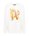 Palm Angels White Crewneck Sweatshirt With Burning Logo Print In Cotton Man In White