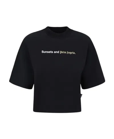 Palm Angels Logo Printed Crewneck T-shirt In 1001 Black White