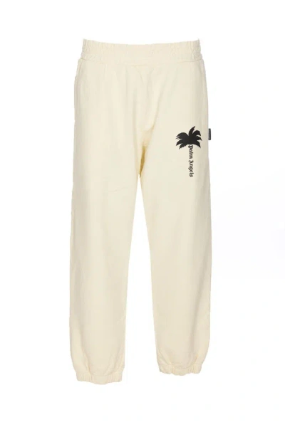 Palm Angels Logo Printed Elastic Waist Trousers In Off White Black